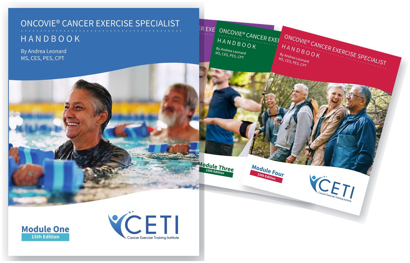The four OncoVie Cancer Exercise Specialist handbooks of the 15th Edition, Module One in front