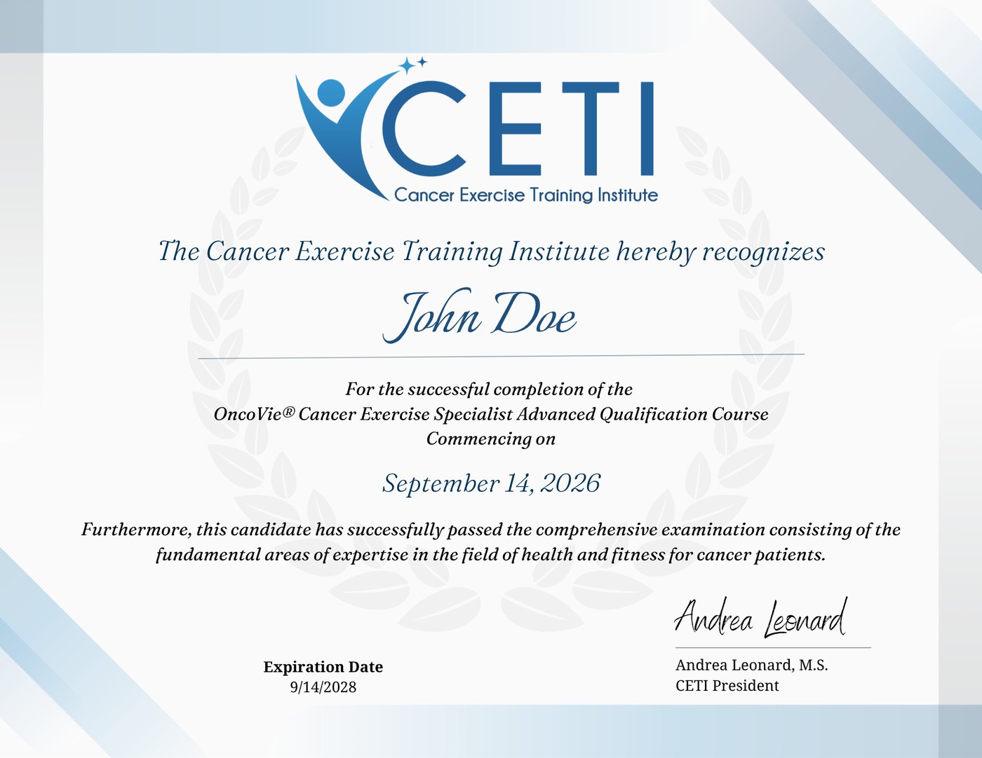 OncoVie® Cancer Exercise Specialist Advanced Qualification certificate, showing the two-year expiration date