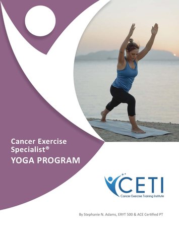 Cover of the Cancer Exercise Specialist Yoga Program handbook, showing a woman in warrior pose on a beach at sunrise